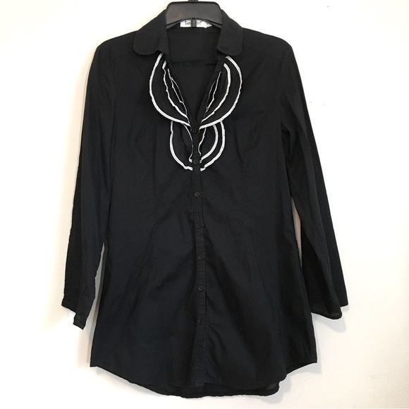 Black Vintage Button Up Ruffle Front Long Sleeve Shirt - Picture 1 of 14